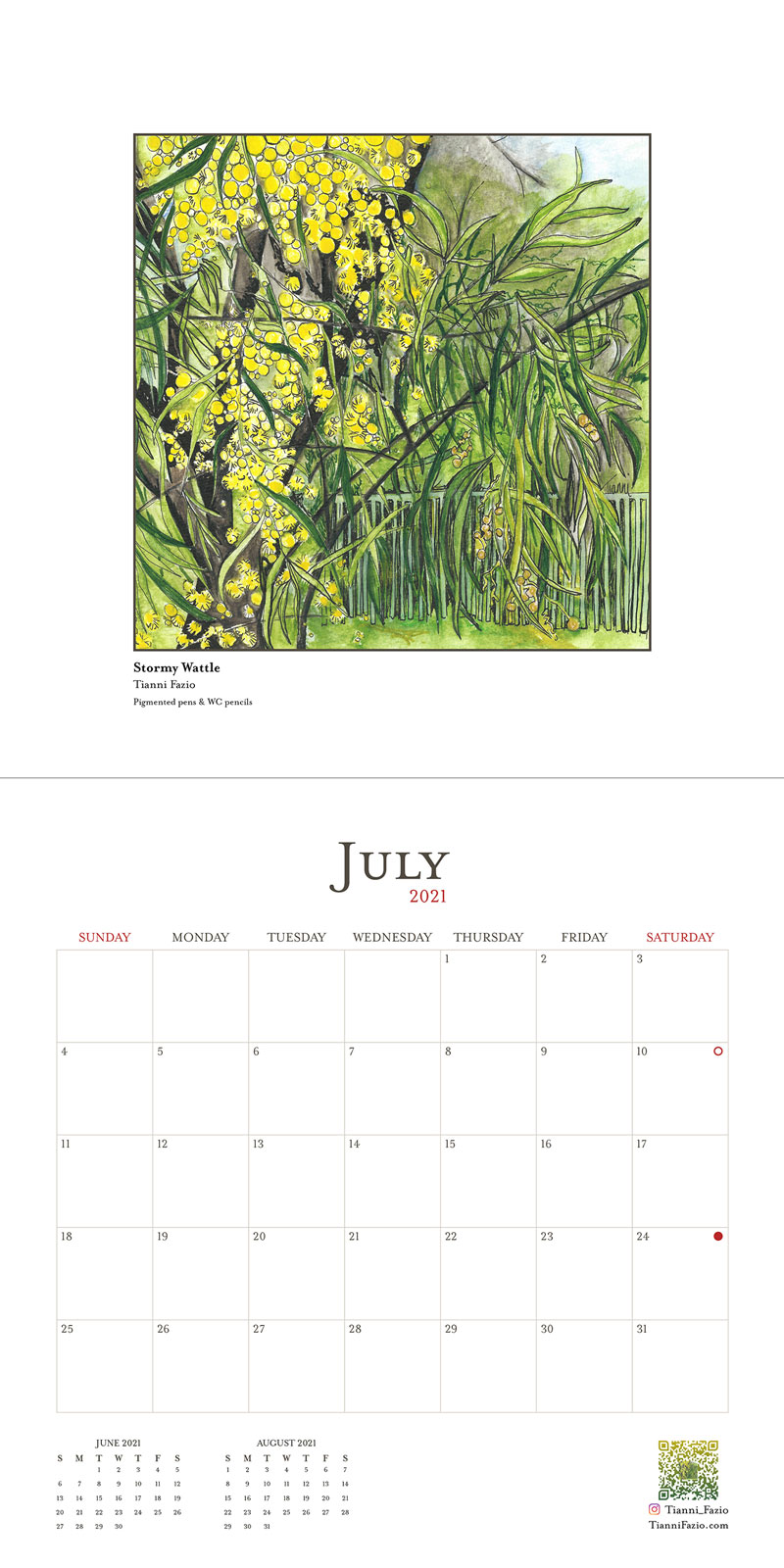 July 2021 calendar page with Yeronga house illustration