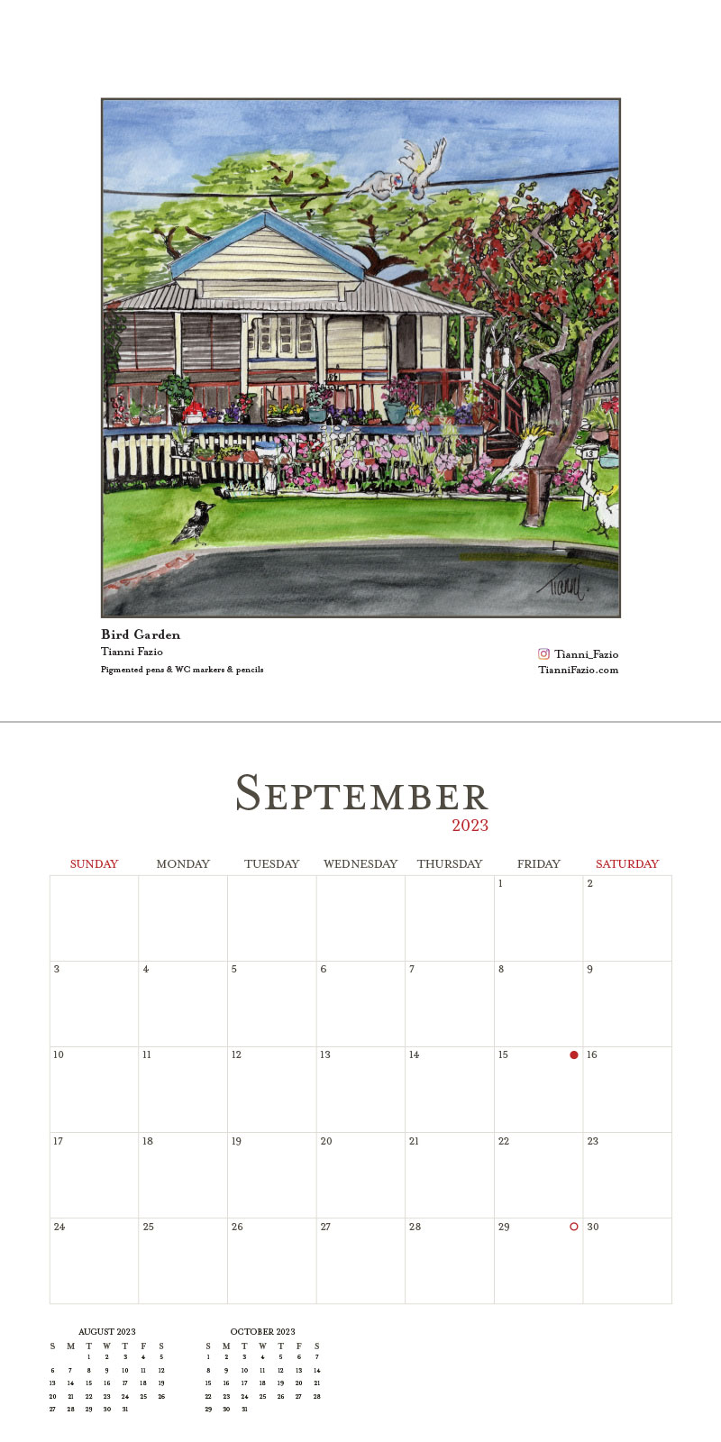 March 2023 calendar page with house illustration