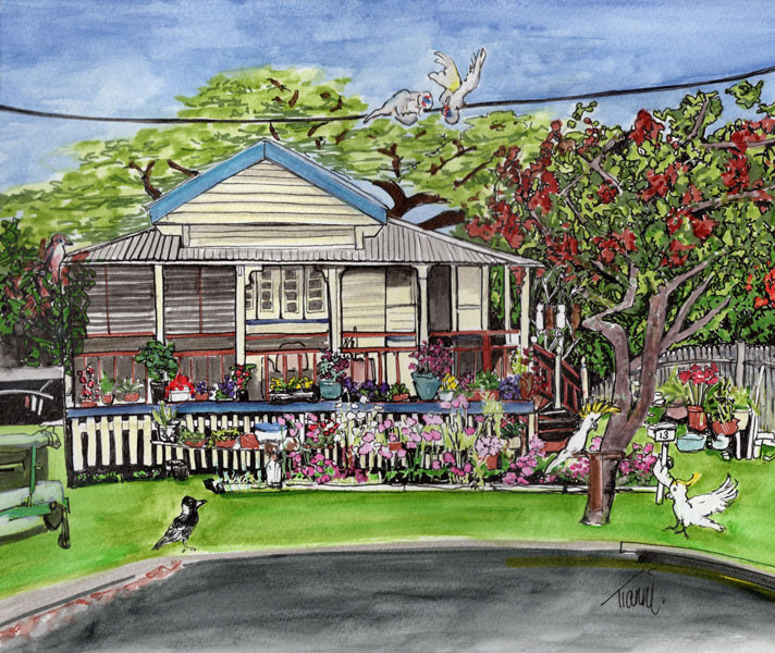 Hand-drawn illustration of a charming house with a vibrant front garden, featuring colorful flowers and a white picket fence.