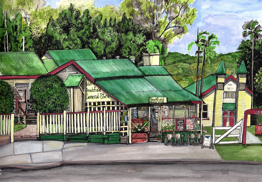 Intricate hand-drawn artwork depicting a cluster of rustic buildings from Brookfield, Brisbane, with green roofs, surrounded by lush vegetation and picket fences, showcasing a typical rural scene.