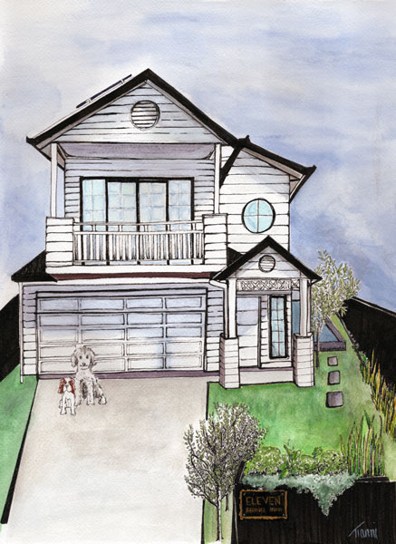 Hand-drawn illustration of a two-story white house with wooden siding and black trim. The house features a balcony, round windows, and a large garage door. Two small dogs are sitting in the driveway, and there's a simple garden with a small tree in the foreground.