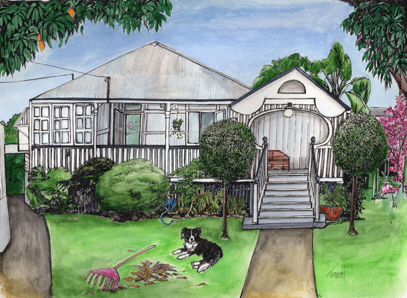 Detailed illustration of a charming Queenslander-style house with a wide front porch and stairs. The house is surrounded by lush greenery, including mango trees with fruit. A border collie rests on the lawn near a rake and pile of leaves, adding a lived-in feel to the scene.