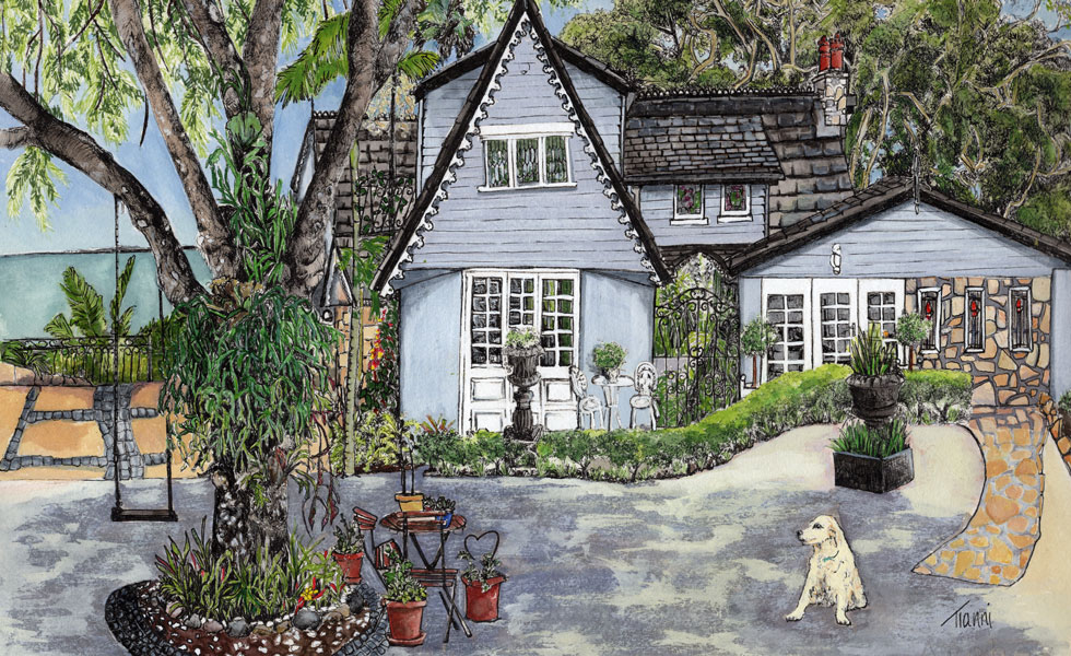 Detailed illustration of a quaint cottage with a lush garden, surrounded by trees and featuring a winding path leading to the entrance.