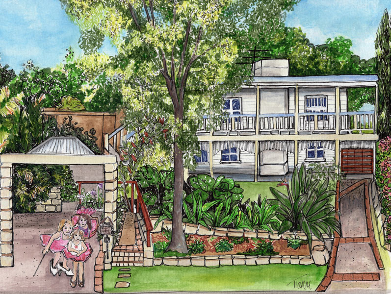 Hand-drawn illustration of a two-story Queenslander house with a wide veranda, surrounded by lush gardens. The foreground shows a gazebo-like structure with children playing, and terraced garden beds leading up to the house.