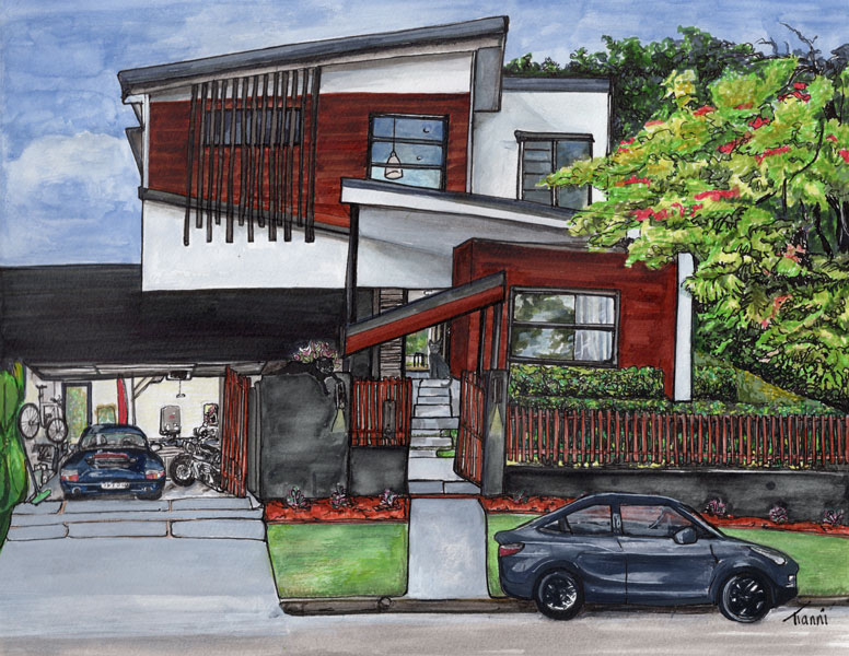 Detailed hand-drawn illustration of a modern two-story house with red wood accents and white walls. The scene includes a lush garden, a car in the driveway, and another in the carport, capturing the unique character and lived-in feel of the home. The artwork demonstrates intricate architectural details and vibrant landscaping.