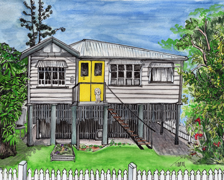 Detailed illustration of a classic Queenslander home elevated on stilts, with weatherboard siding and a tin roof. The house features a bright yellow front door with a dog waiting on the porch. A small vegetable garden and white picket fence complete the scene.