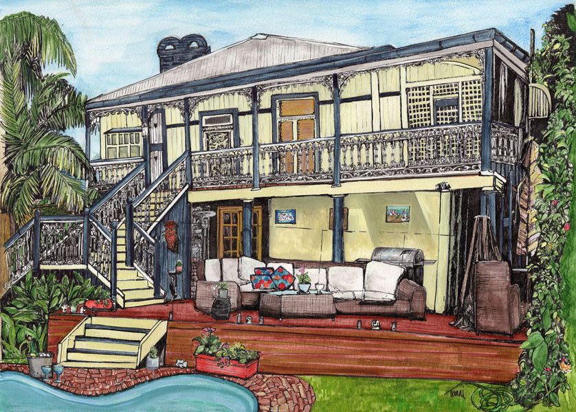Intricate drawing of a two-story Queenslander with ornate balustrades and fretwork. The illustration showcases a large deck with outdoor furniture, stairs leading to the upper level, and lush tropical vegetation including a palm tree. A small pool is visible in the foreground.