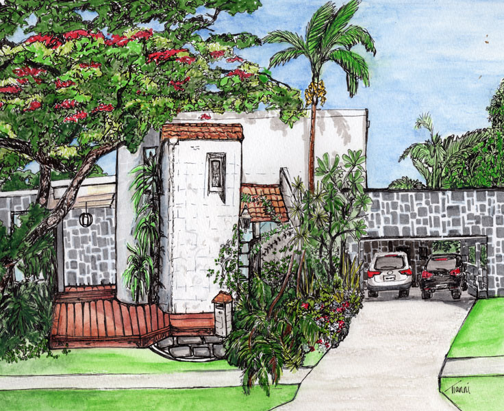 Colourful illustration of a modern tropical home entrance with white walls and red-tiled roof. The scene features a vibrant poinciana tree, palm trees, and lush landscaping. A covered carport with two vehicles is visible to the right.
