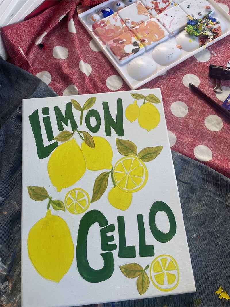 Limoncello Paint and Sip workshop sign with hand-painted lemons
